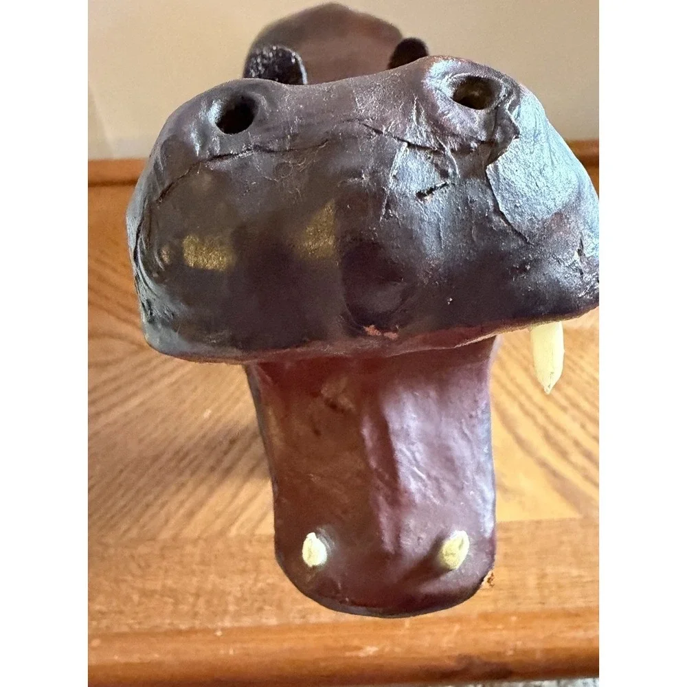 Vintage Leather Wrapped Hippo Hippopotamus Figure Red Eye 12x10x4 Decor